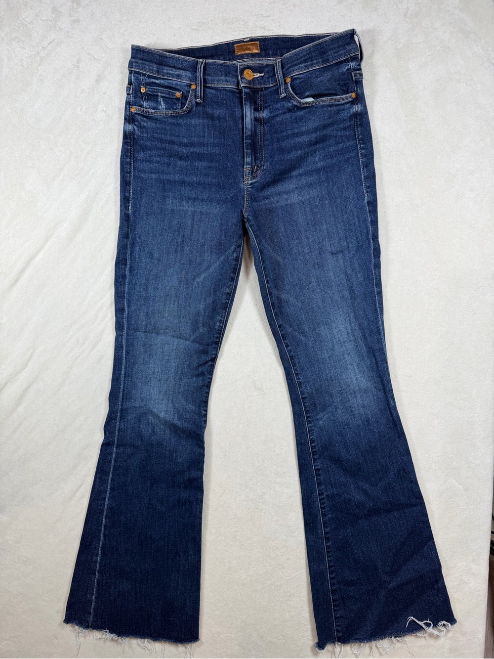 MOTHER Size 29 The Weekender Fray Dark Blue Flare Jeans with Raw Hem Chic